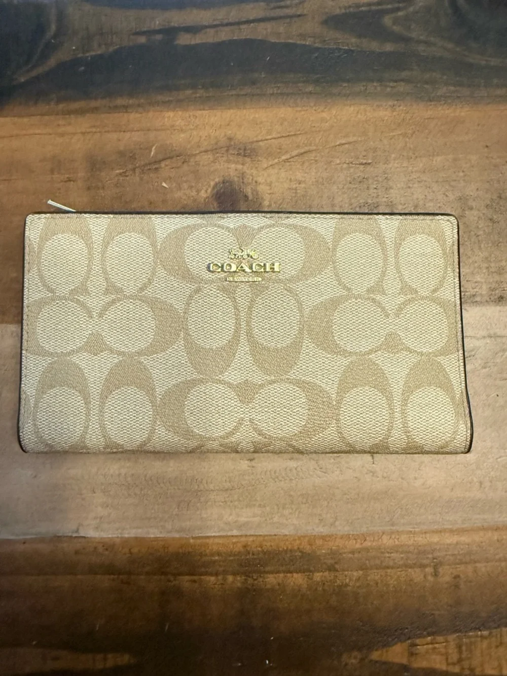 Coach Beige Logo Print Women's Clutch Wallet with Zippered Coin Pocket